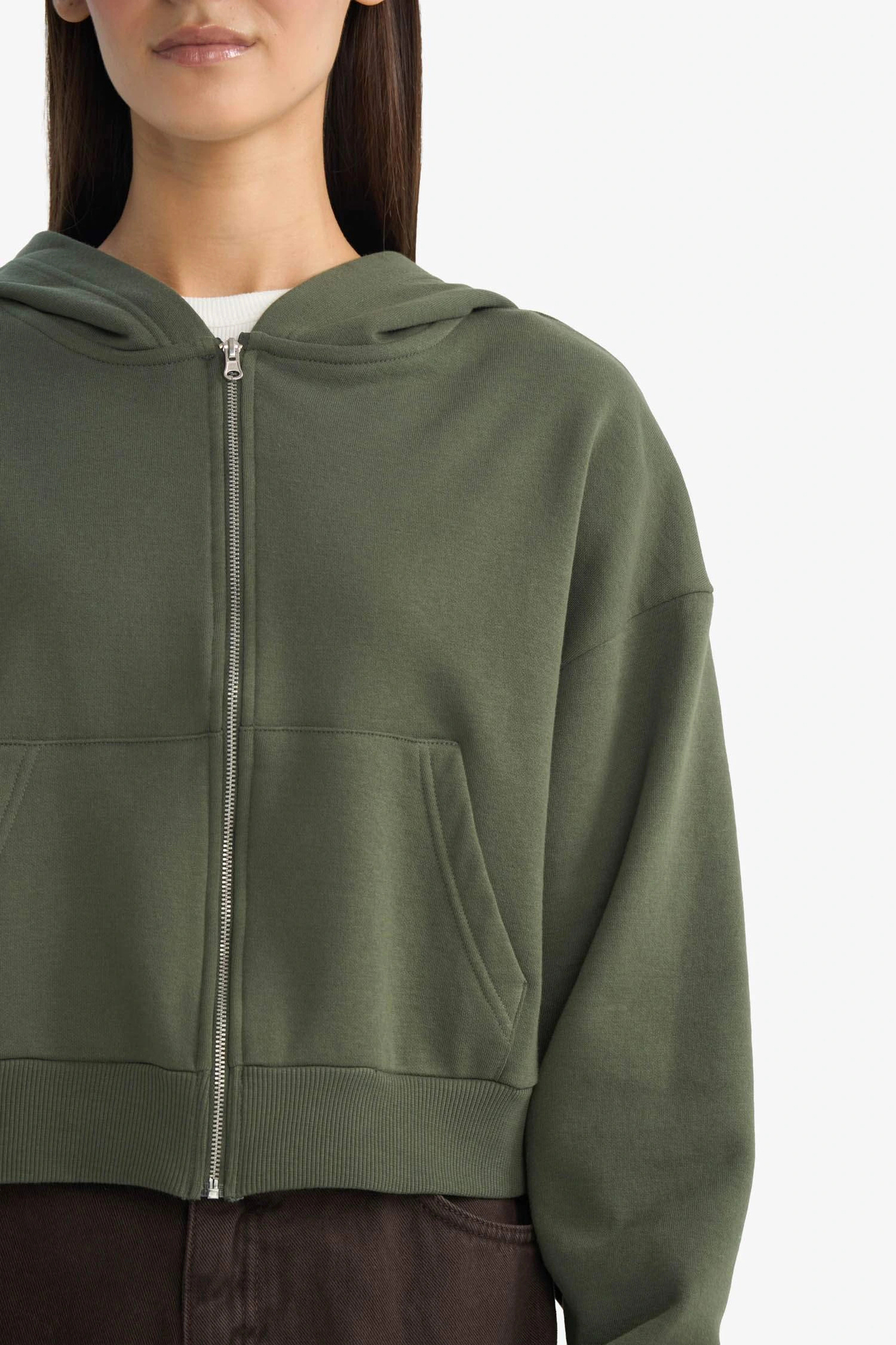 Defacto  Cropped Fit Kapüşonlu Kalın Fermuarlı Sweatshirt Z7069AZ25WN - Görsel 4