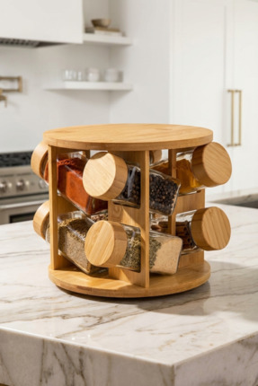MAKRİ HOME Bambu Standlı Cam Baharat Seti - Yuvarlak 8'li