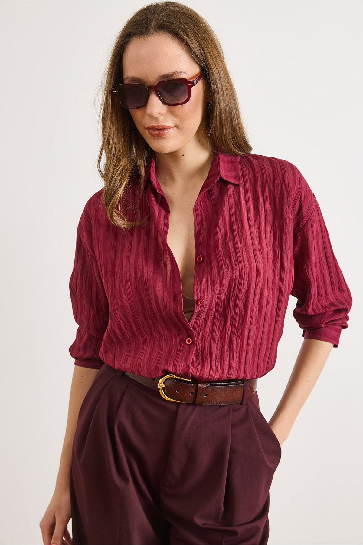 Women's Claret Red Textured Lightweight Transparent Loose Fit ShirtGML-19001408