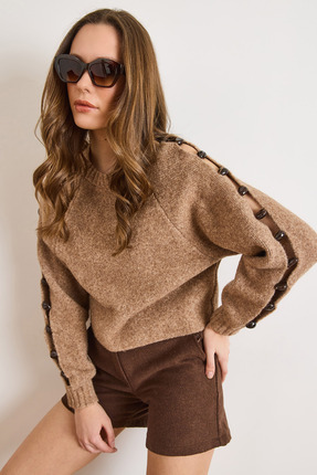 Olalook Kadın Camel Kolu Dekolteli Taş Detaylı Yumuşak Dokulu Kazak KZK-19001103