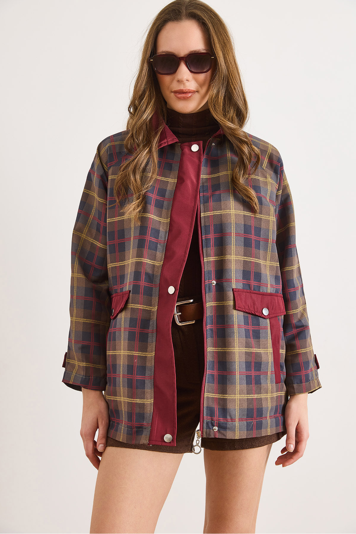 Olalook  Kadın Bordo Kapitone Astarlı Ekose Mont MNT-19000053 - Görsel 2