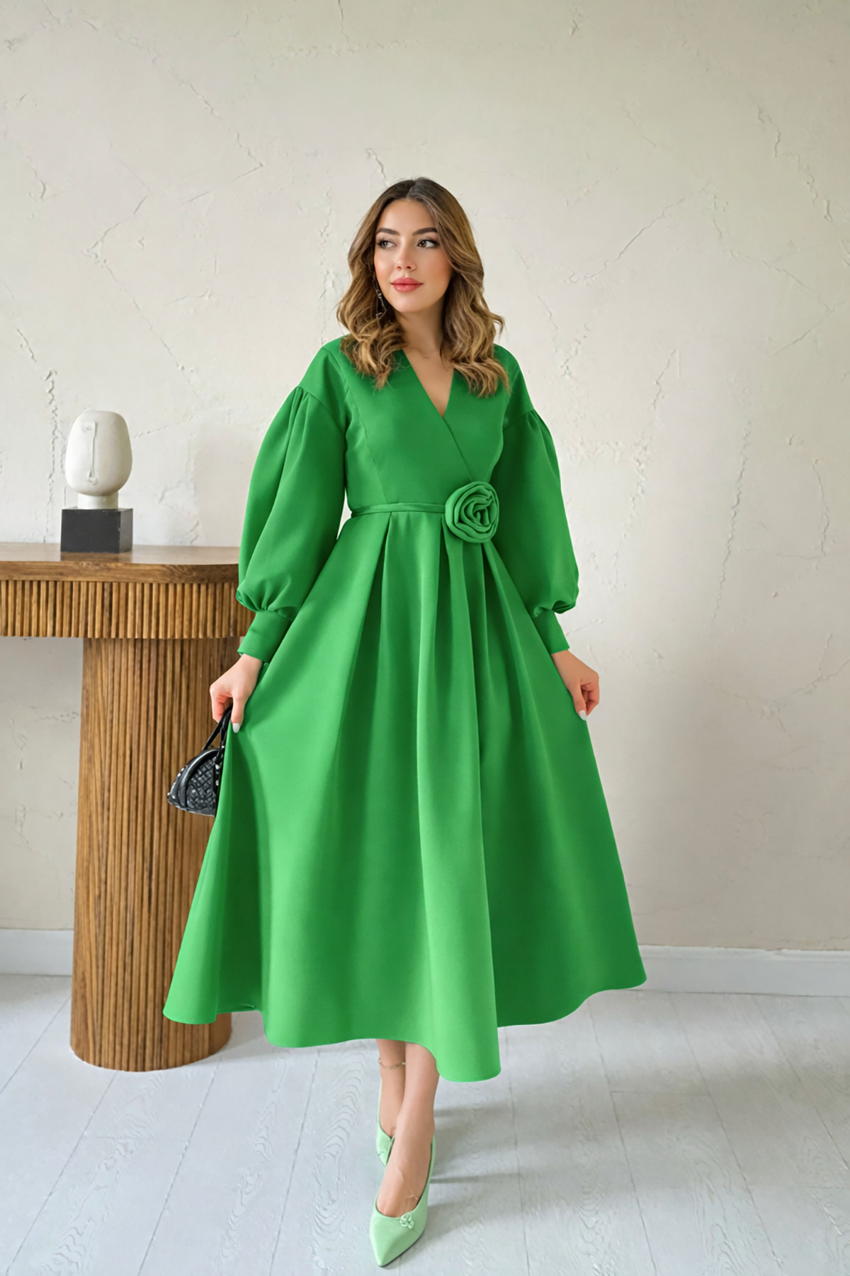 Light Green Rose Detail Balloon Sleeve Wrap Collar Pleated Scuba Fabric Dress