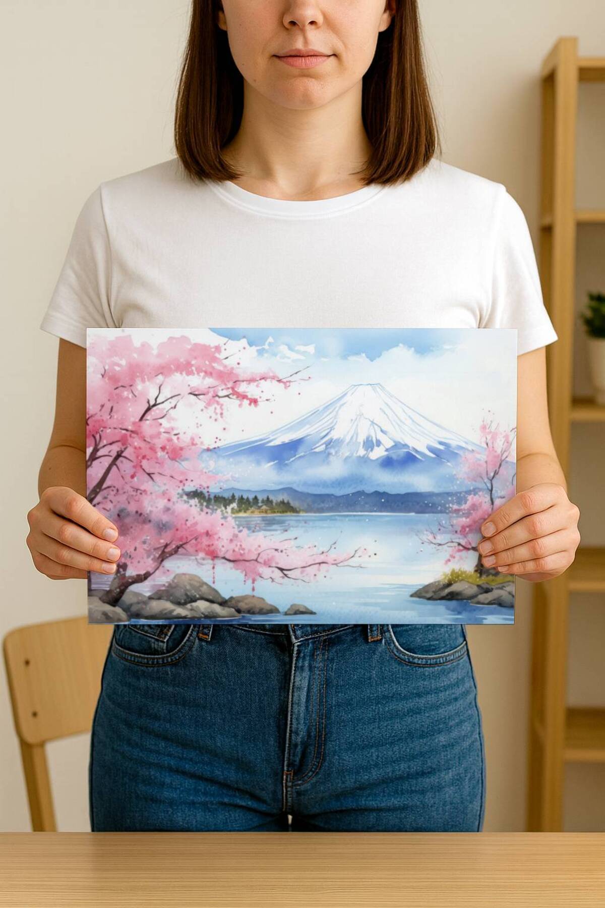 Fuji@Yamaページ Artiqa Suluboya Fuji Dağı ve Sakura Çerçevesiz Poster – Japonya