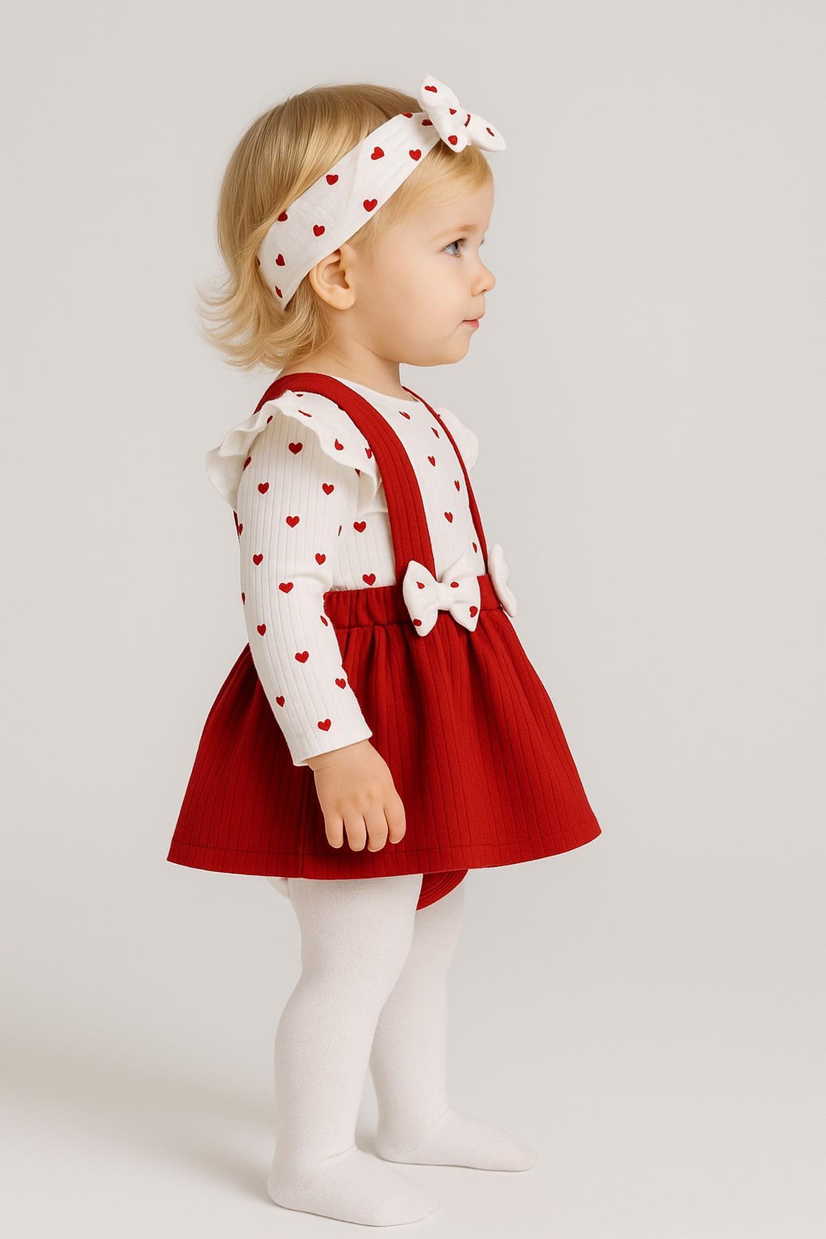 dinamik çocuk Kız Bebek Kalp Çiçek Raporlu Fiyonk Detaylı Bandanalı Alttan Çıtçıtlı Badili Salopet Elbise 3lü Takı fotoğrafı 2 (önizleme)