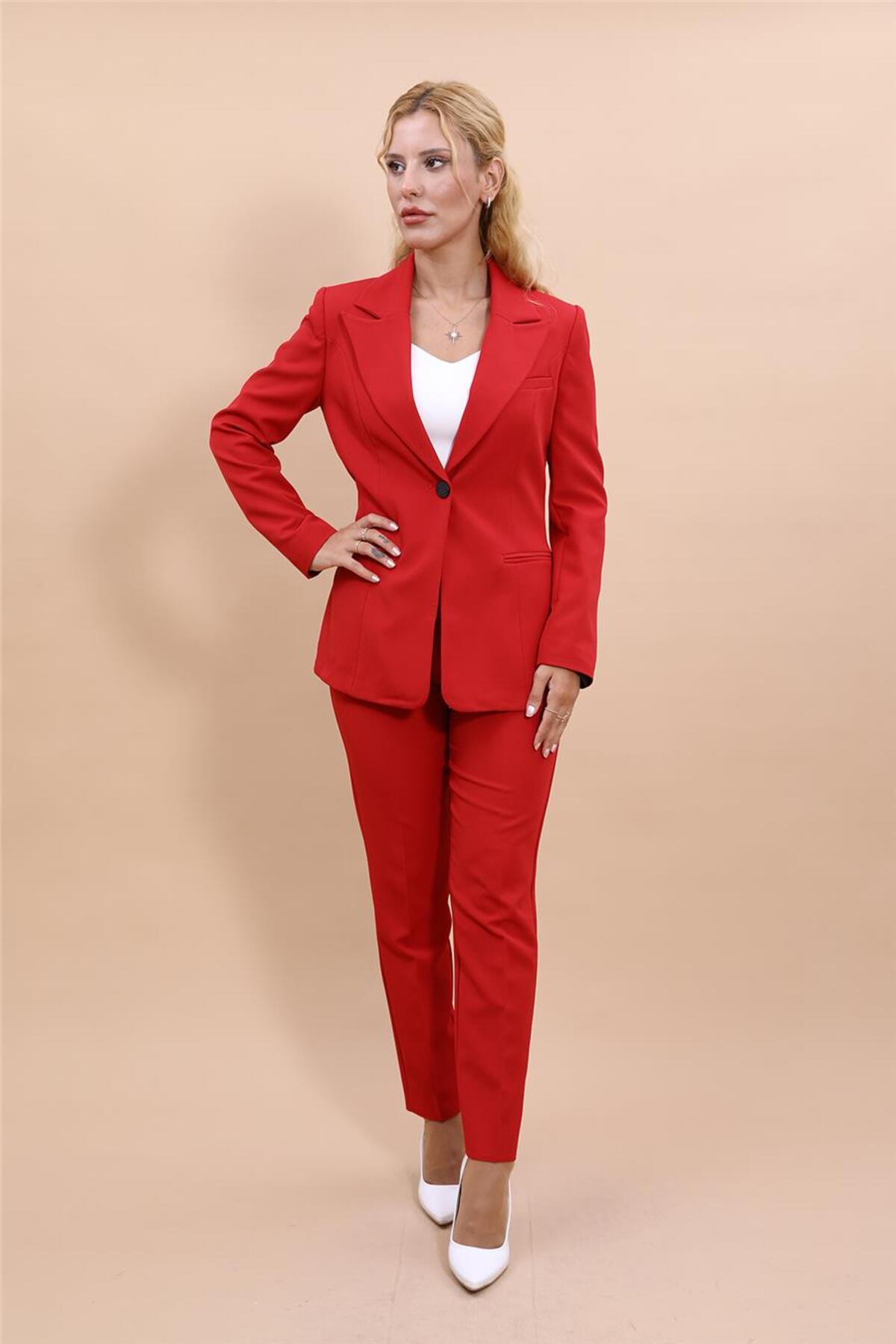 One-Button Classic Blazer Jacket & Narrow Leg Pants Women's Suit -Red