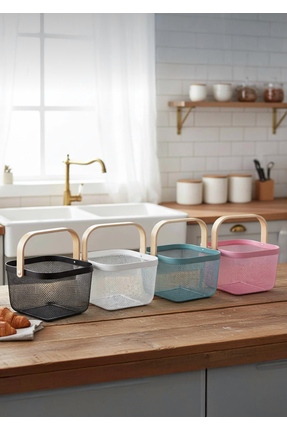 CEZVE HOME Ahşap Saplı Metal Hasır Kare Sepet Organizer Çok Amaçlı Mutfak Ban...