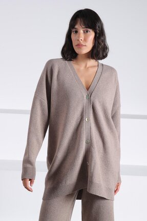Ferraro Vizon Uzun Kollu Oversize V Yaka Düğmeli Kaşmirli Kadın Triko Ceket