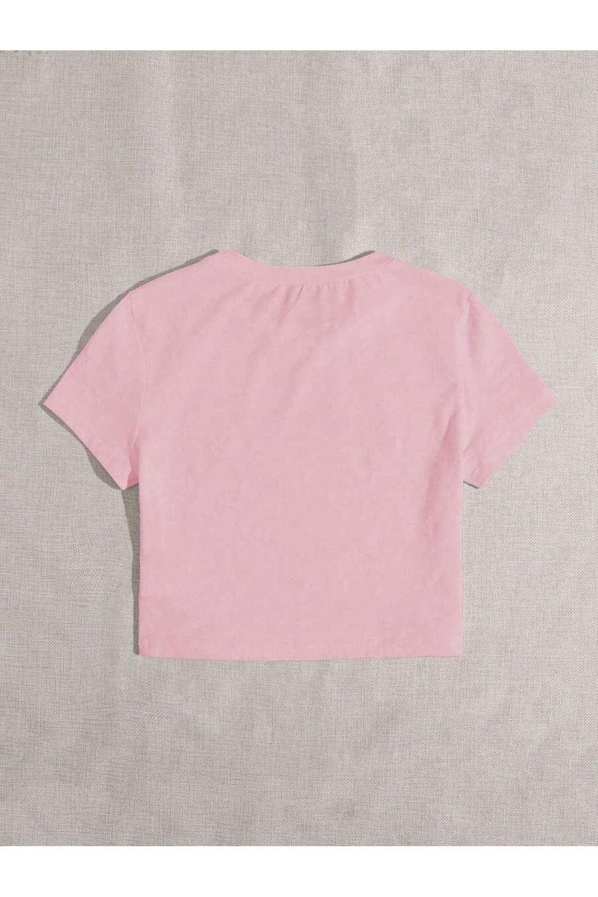 WESTİMO  Kadın Pembe Hello Kitty Baskılı Bisiklet Yaka Dar Crop Tshirt - Görsel 2