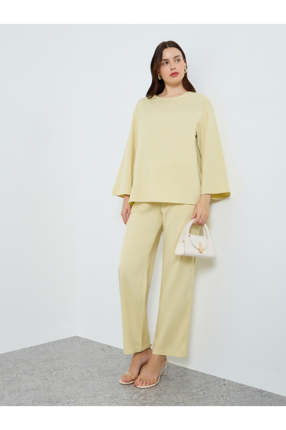 Styli Solid Woven Long Sleeve Top and Wide Leg Pants Set
