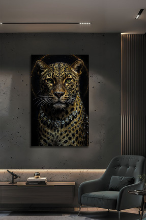 B&G DESIGN Lüks Dekoratif Cam Tablo Kristal Kolyeli Leopar Desenli Modern Duv...