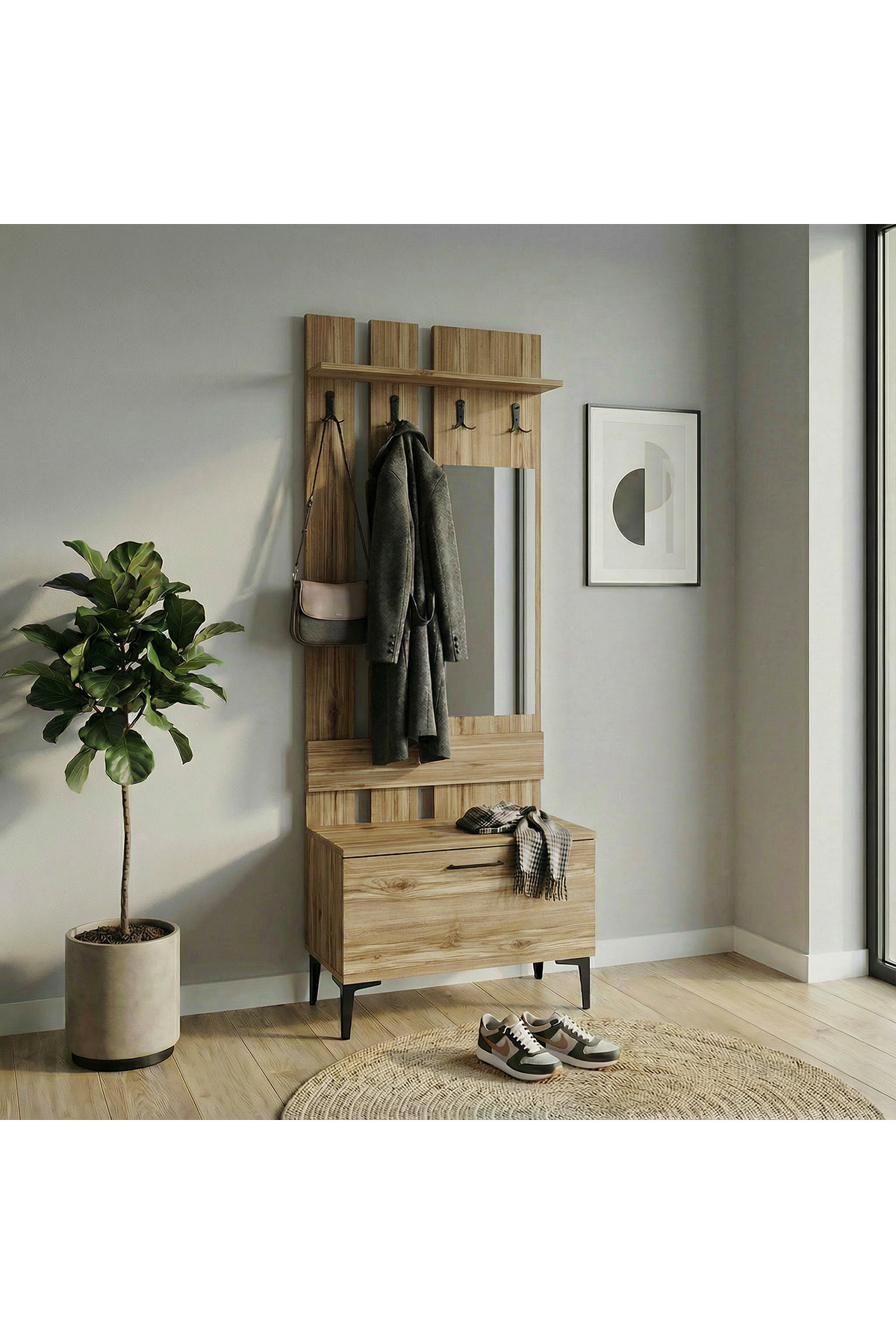 April Standing Mirrored Coat Rack Shoe Holder Cloakroom Pine
