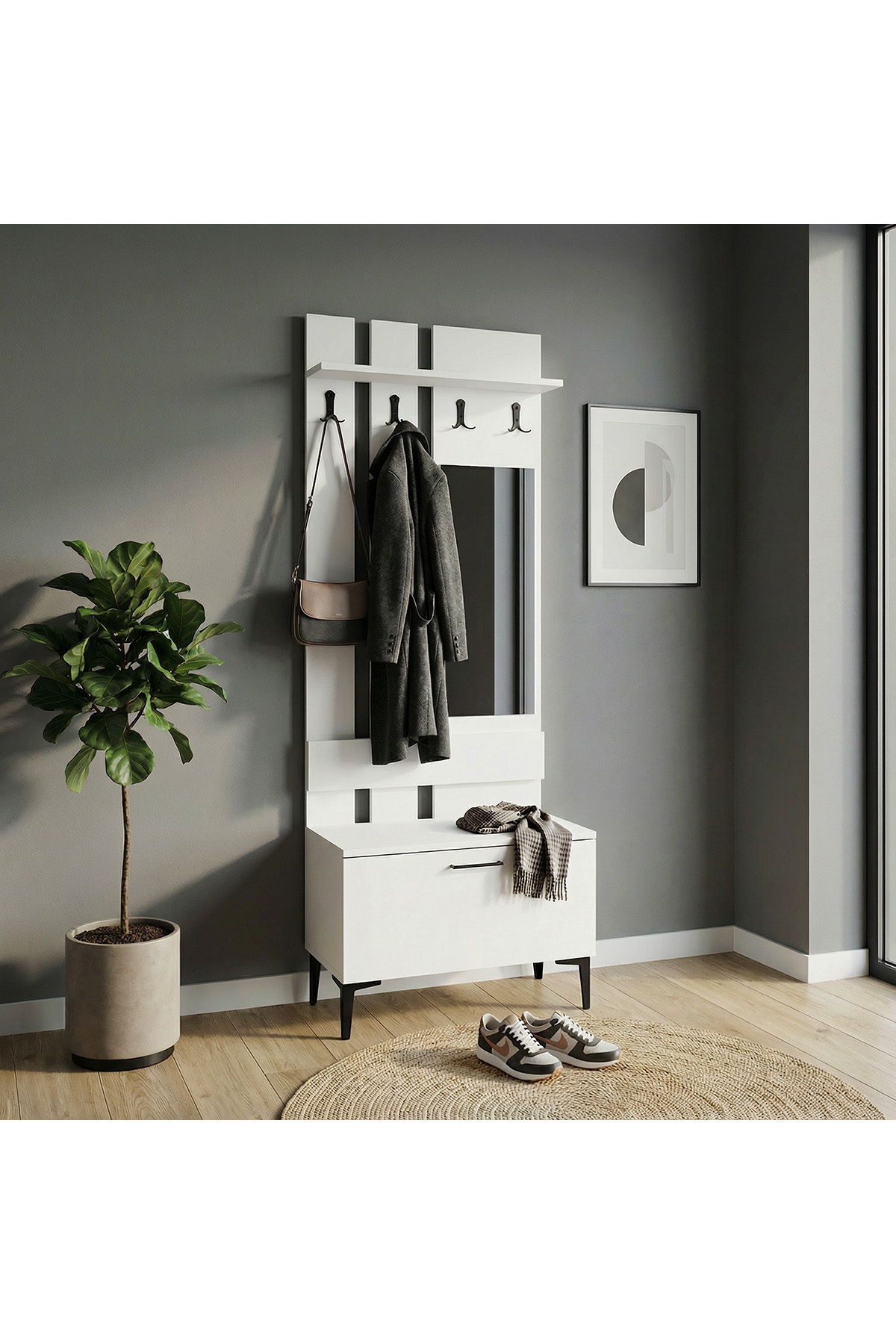 April Standing Mirrored Coat Rack Shoes Cloakroom White