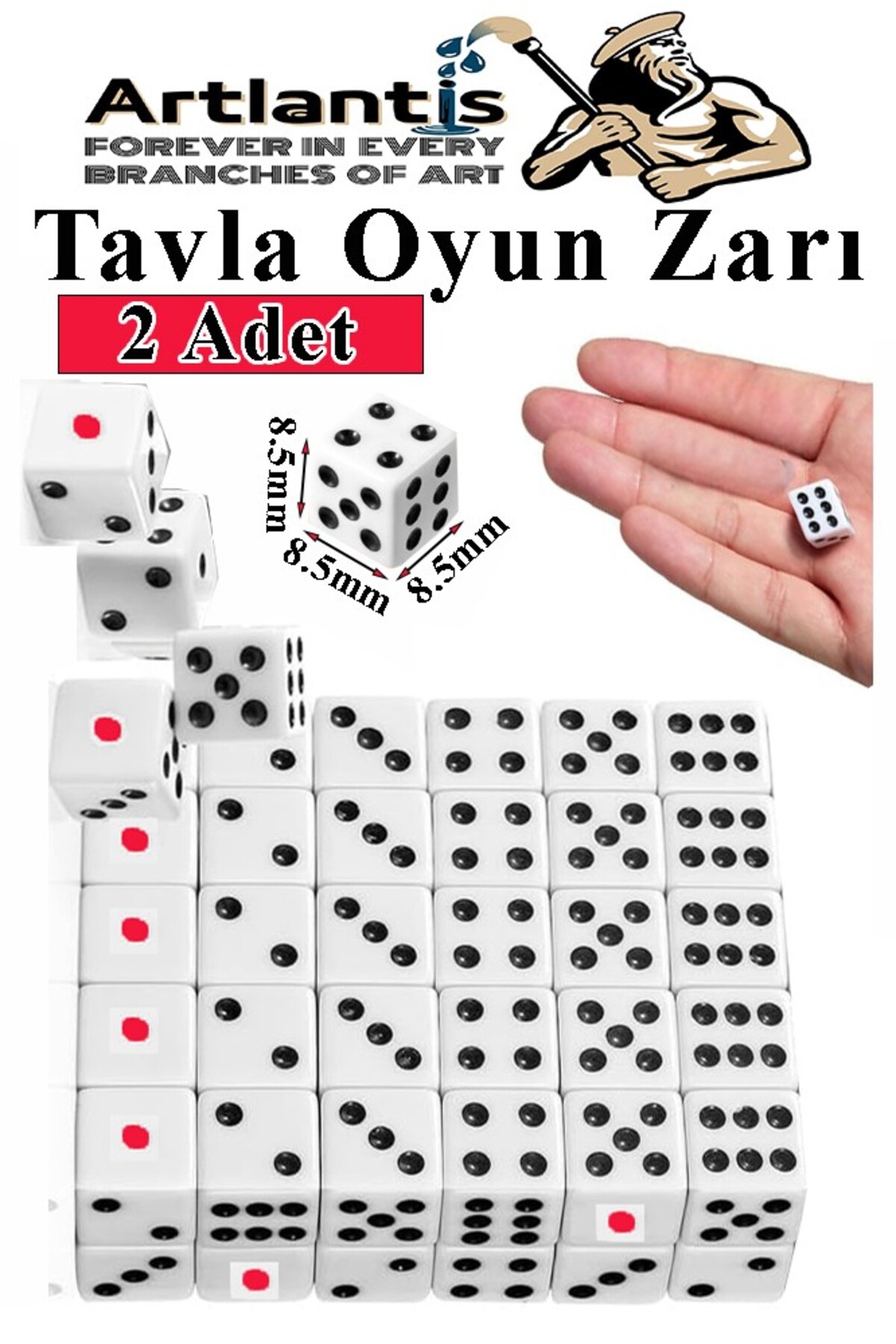 Artlantis Tavla Zarı 2 Adet Beyaz Zar Akrilik 8.5 mm Masa Oyunu