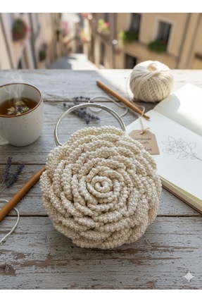 Handmade El Yapımı Örgü Çiçek Çanta – Krem Renk Metal Saplı Kadın El Çantası,...