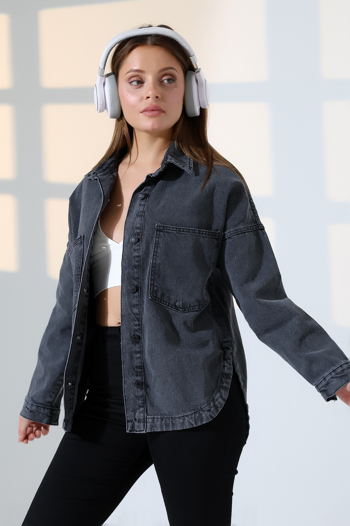 BLUE NATIONAL JEANS  Kadın Oversize Kesim denim Gömlek Ceket Kar Yıkama Siyah Açık Renk Günlük Şıklık -BNJ4895 - Görsel 3