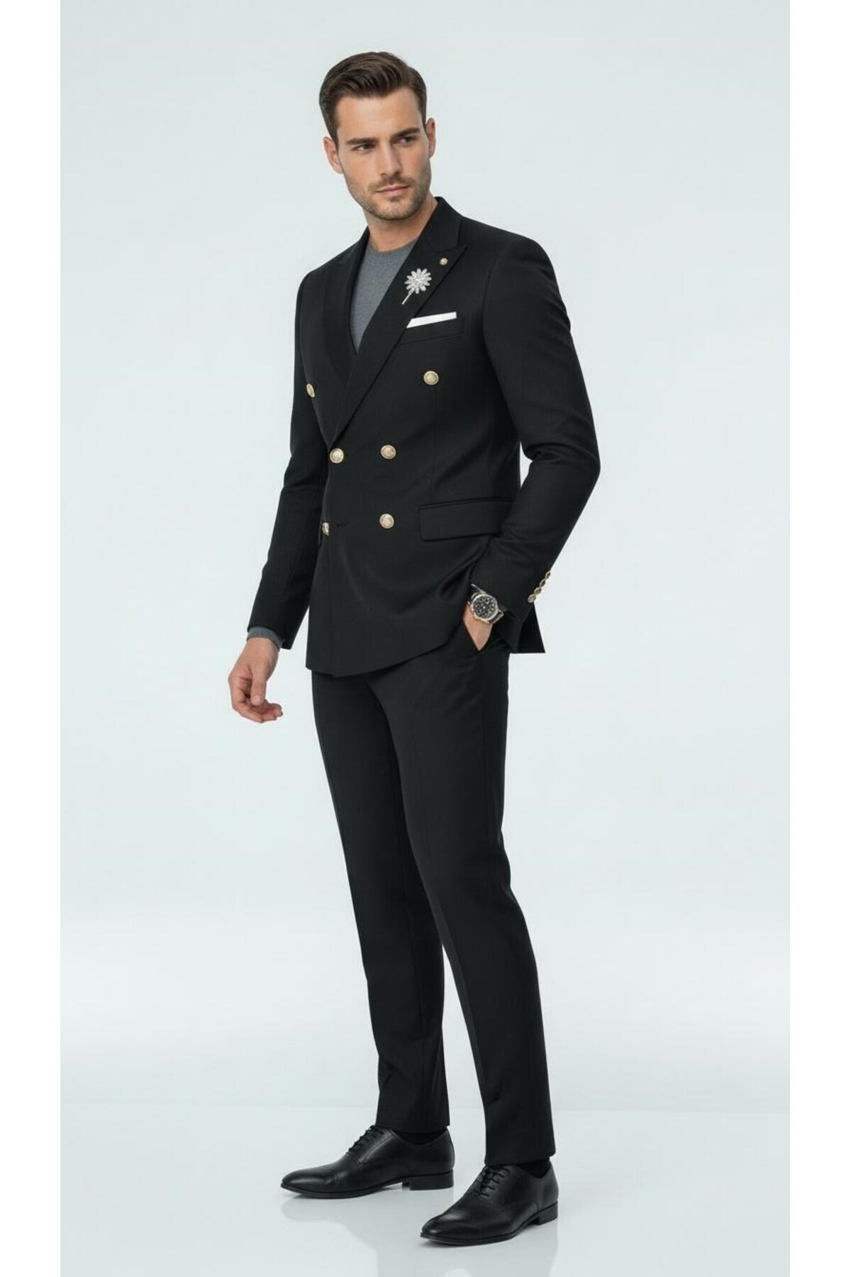 Plus Scorpion  Erkek Kruvaze Gold Düğmeli Dokulu Likralı Kumaş Blazer Ceket – Modern Kesim Şık Tasarım - Görsel 3