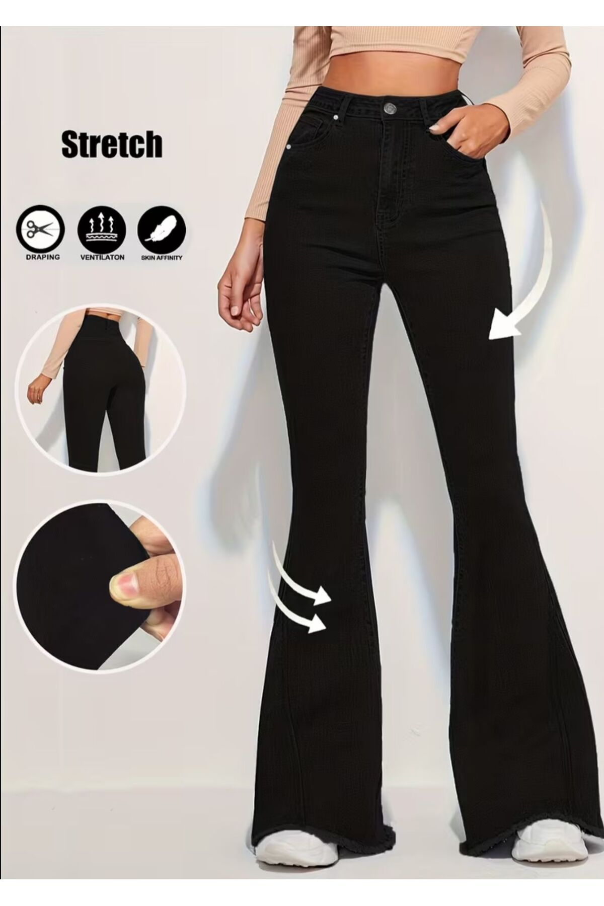 MRİABE  KADIN YÜKSEK BEL SAF SİYAH ZARİF İSPANYOL PACA JEANS KOT PANTOLONU