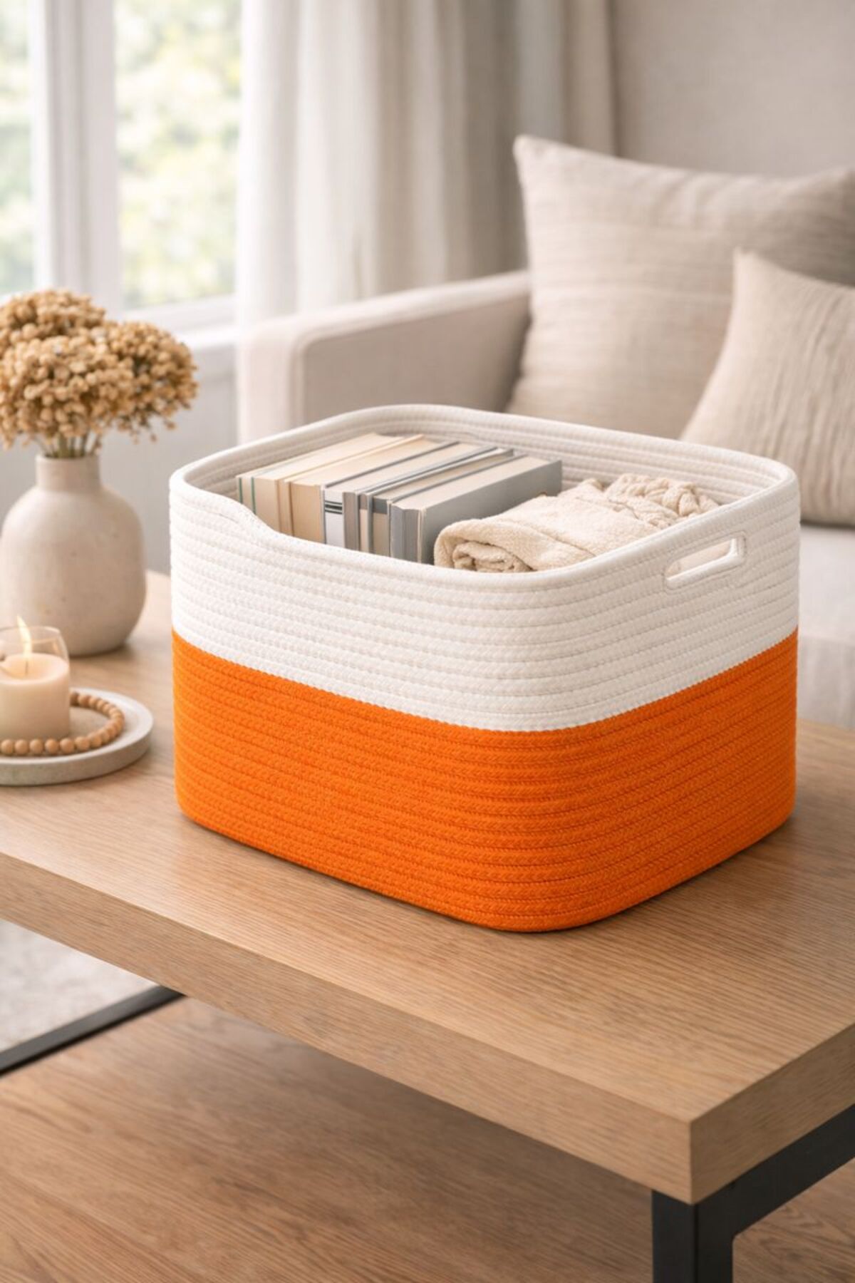 Nesto Decorative Jute Wire Mesh Rope Basket 34x28x24cm Multipurpose Organizer Rectangular Form