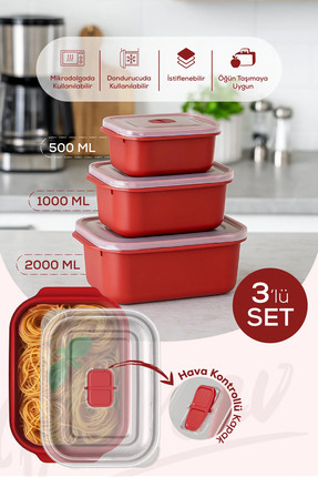 CMT 3 PARCA KIRMIZI DİKDÖRTGEN SAKLAMA KABI SETİ