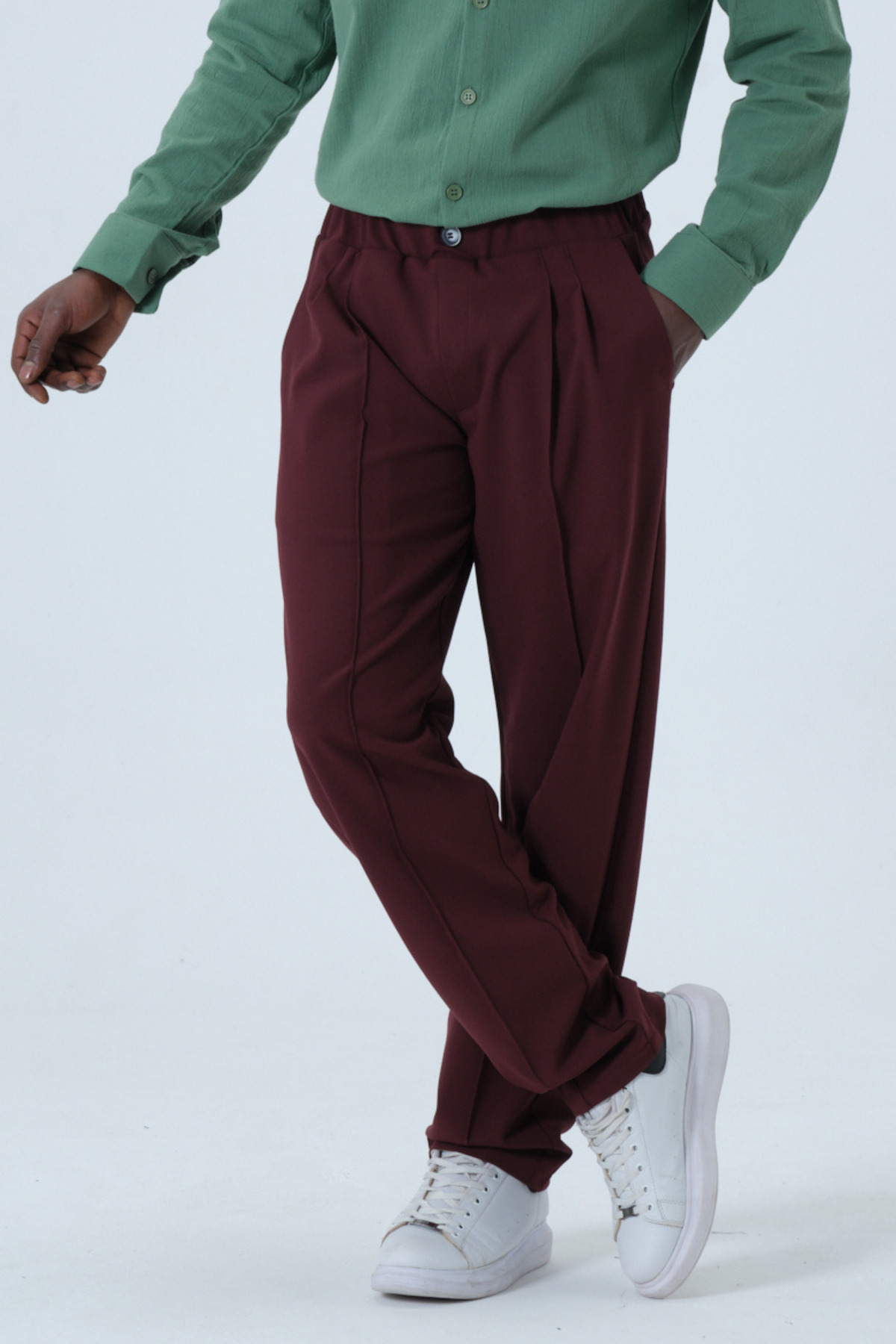 RELAXL Battal Boy Yalancı Düğmeli Pileli Çizgili Bordo Baggy Pantolon görsel 7