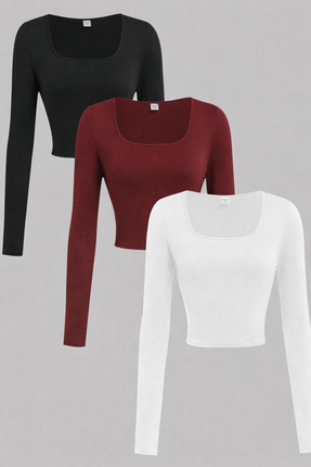 ÖZ PAMUK Kare Yaka 3 lü ADET Basic DÜZ Kumaş Uzun Kollu Likralı Bluz