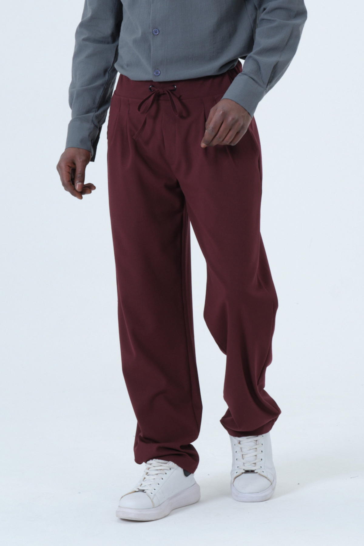 RELAXL Bağcıklı Pileli Battal Boy Geniş Paça Baggy Bordo Pantolon