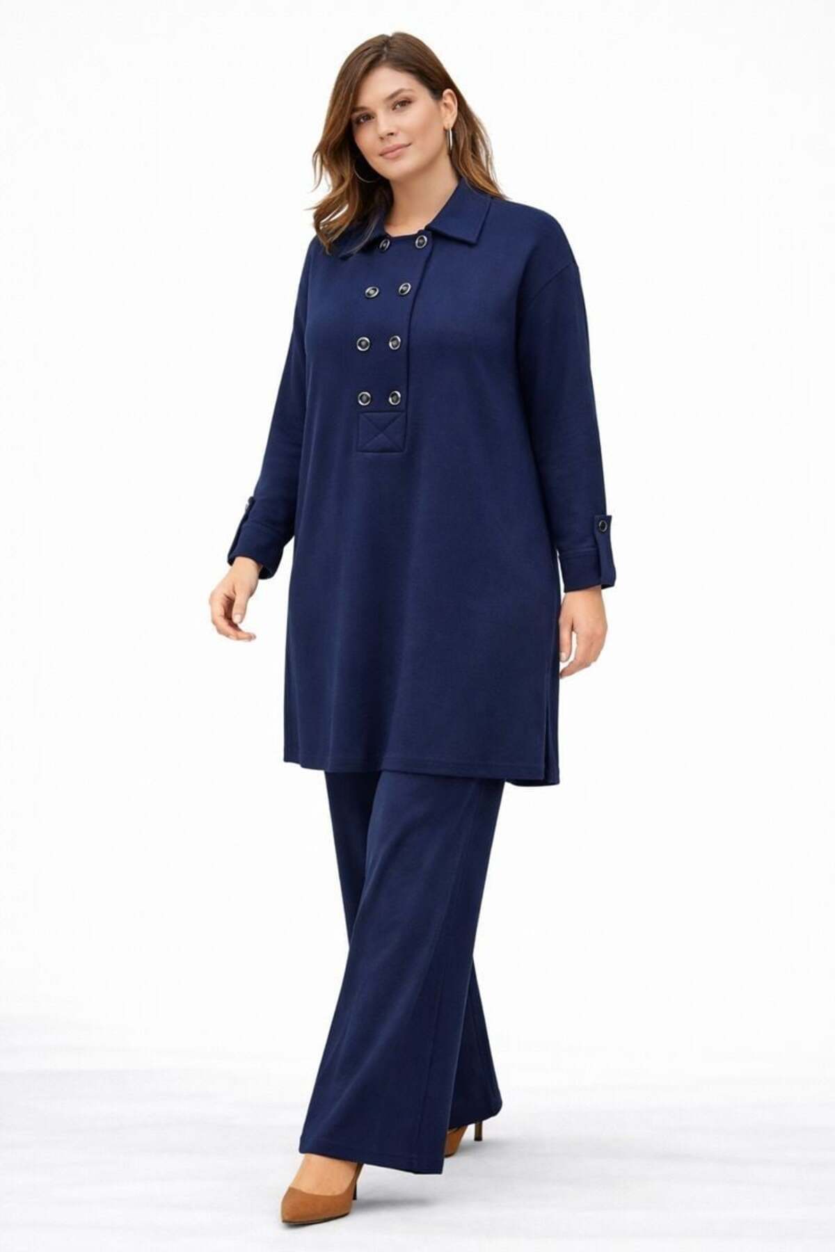 bezeXL Büyük Beden Düğmeli Örme İkili Takım Lacivert