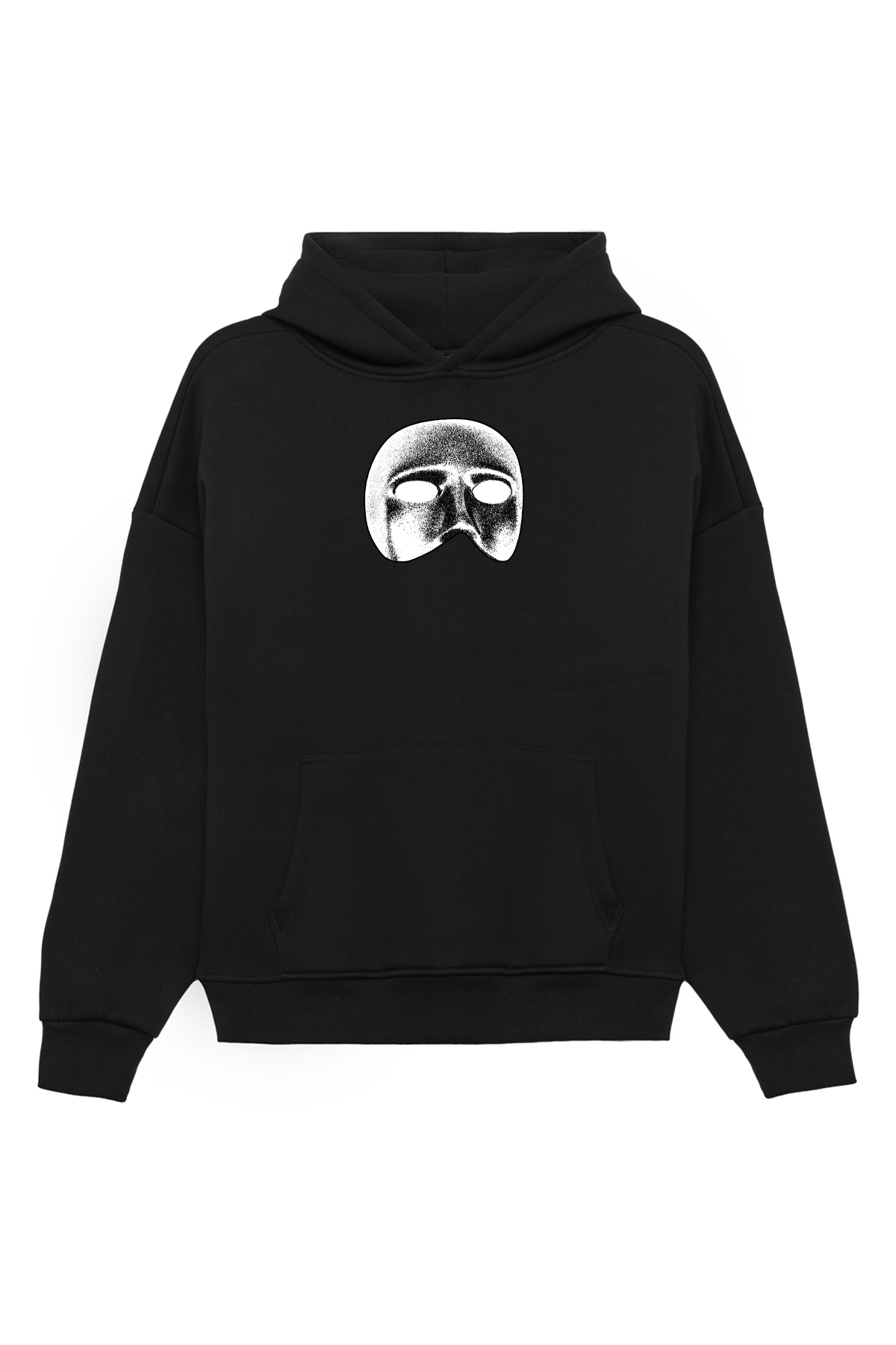 Unisex Maske Baskılı Oversize Bol Kesim Pamuklu 3 İplik Şardonlu Siyah Kapüşonlu Sweatshirt