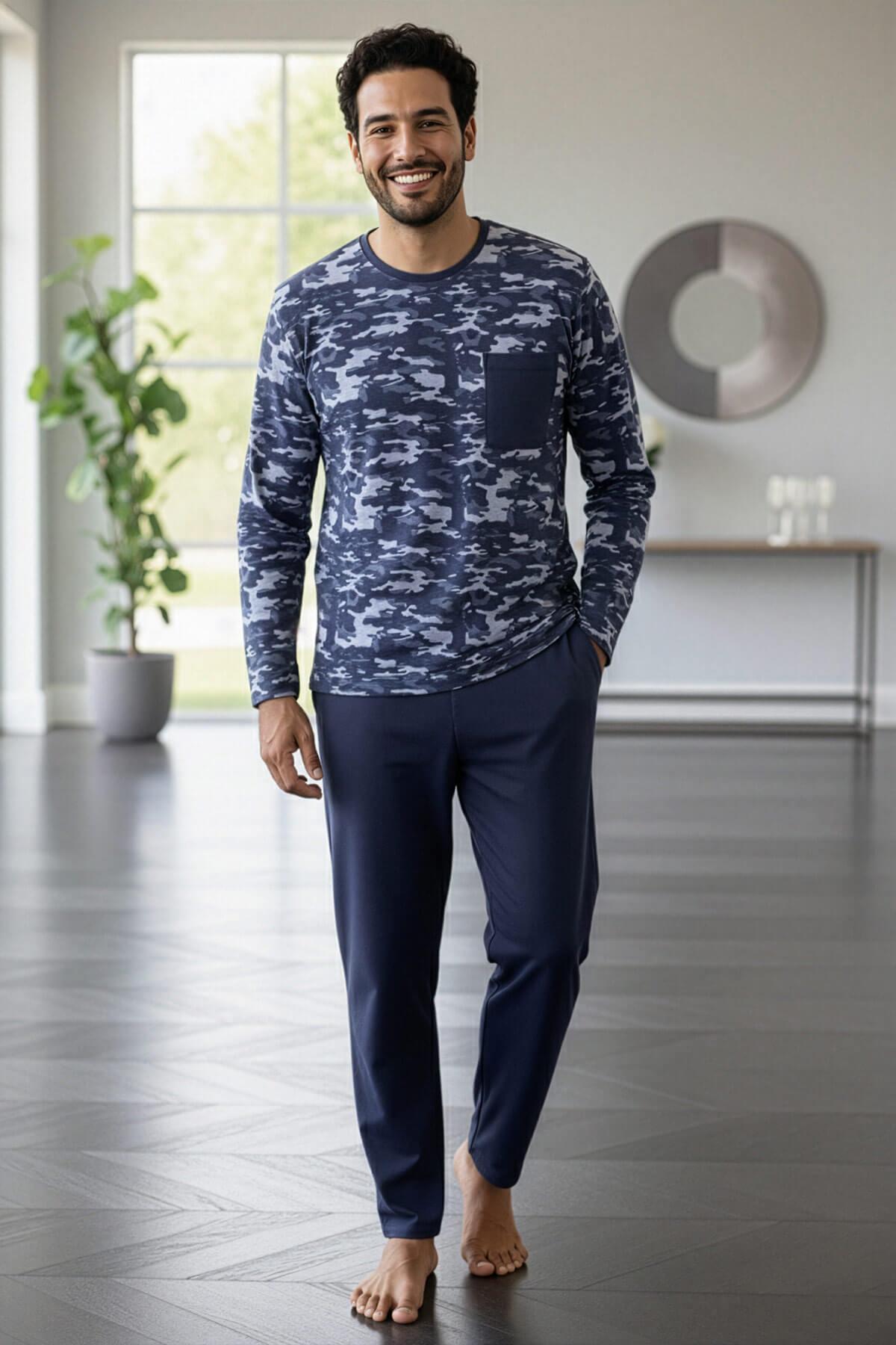 Pijamaevi Füme Kamuflaj Desenli Stylish Erkek Uzun Kol Pijama Takımı görsel 5