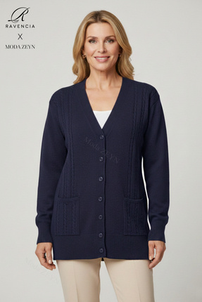 Ravencia Kadın V Yaka Düğmeli Triko Anne Hırka