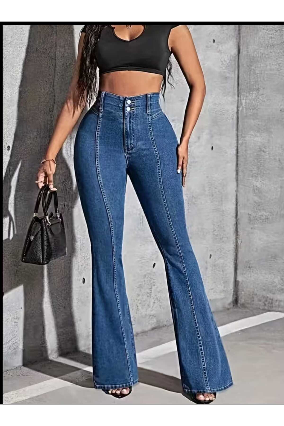 Semesia  Yüksekbel Likralı Ispanyol Paça Jeans - Görsel 2