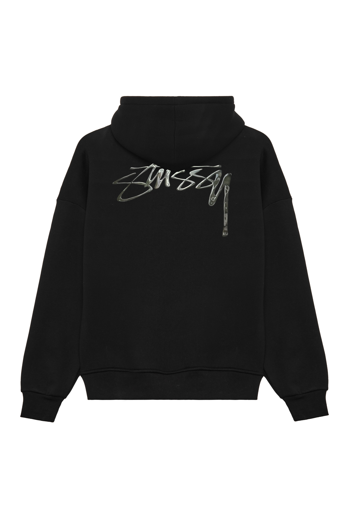 Unisex Stüssy Melted Baskılı Oversize Bol Kesim Pamuklu 3 İplik Şardonlu Siyah Kapüşonlu Sweatshirt