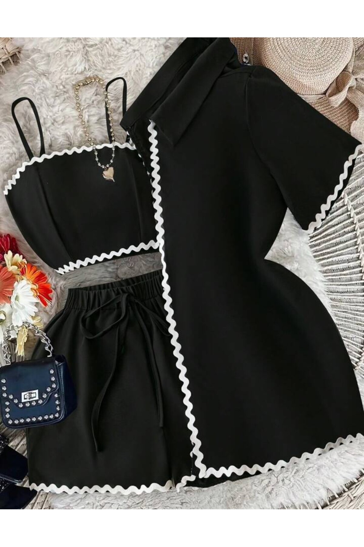 kendii modamm Özel tasarım şerit detaylı gecelik üçlü set takım