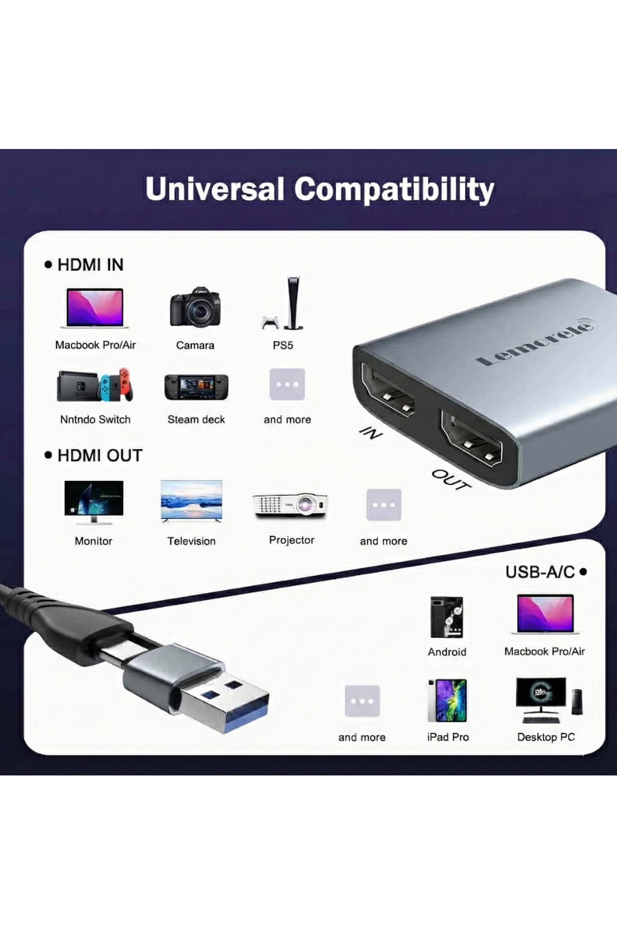 lemorele AC07, USB ve Type-C Çıkışlı 1080P Video Capture Card