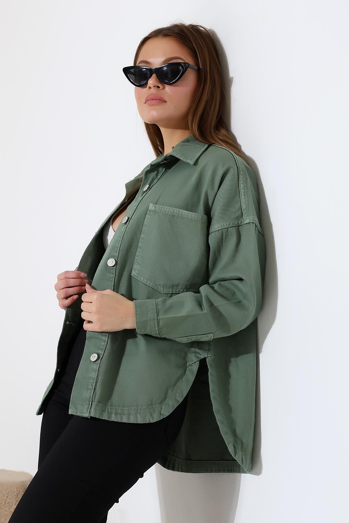 ژاکت زنانه گاباردین برش اور سایز سبز Daily Elegance -BNJ4880 6