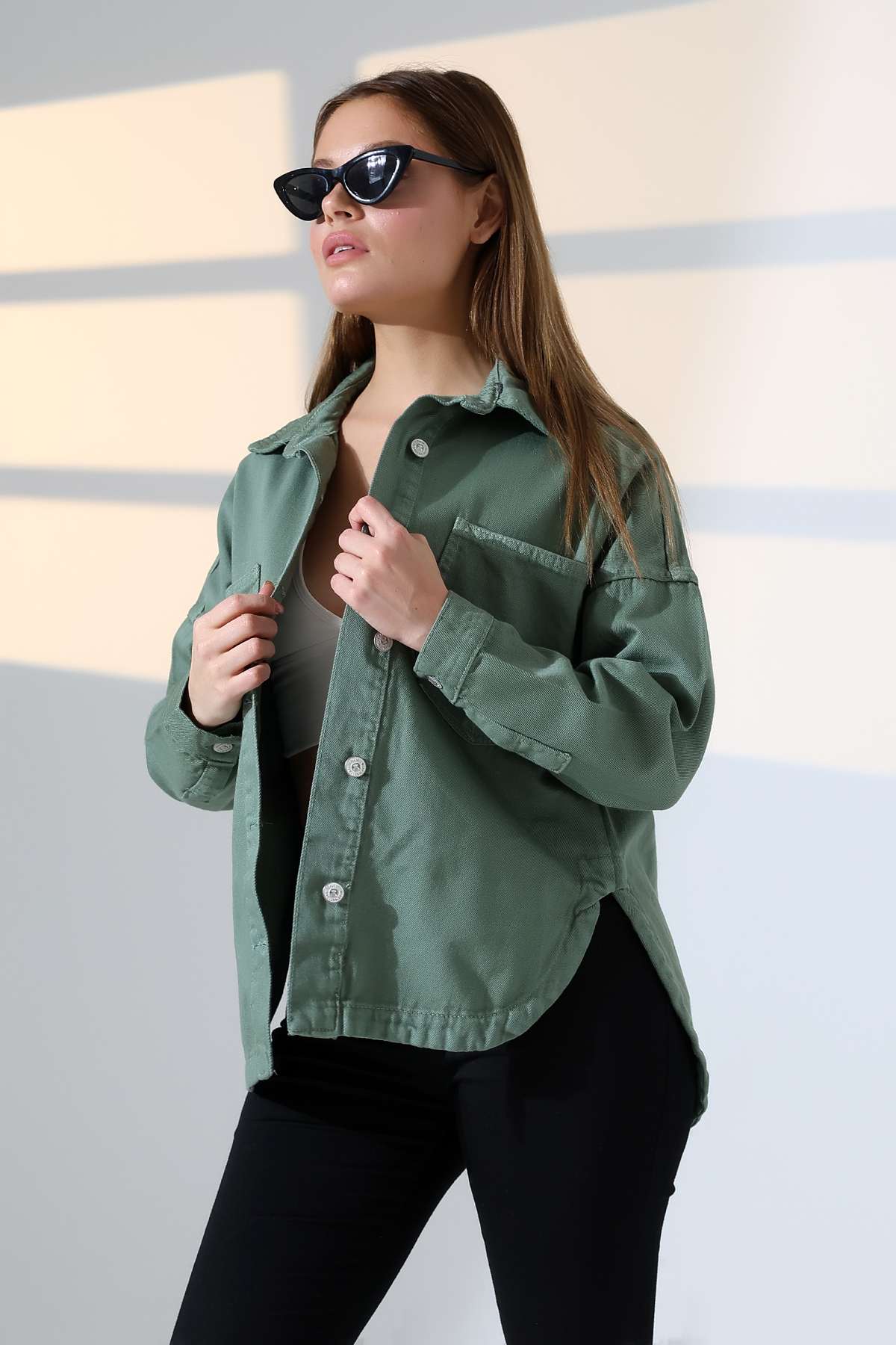 ژاکت زنانه گاباردین برش اور سایز سبز Daily Elegance -BNJ4880 5