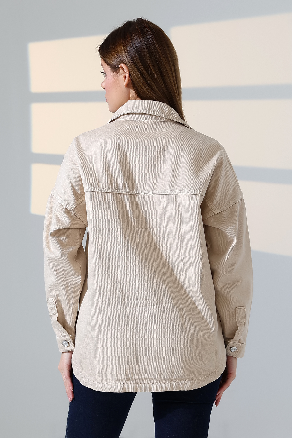 BLUE NATIONAL JEANS  Kadın Oversize Kesim Gabardin Gömlek Ceket Bej Koyu Renk Günlük Şıklık -BNJ4887 - Görsel 7