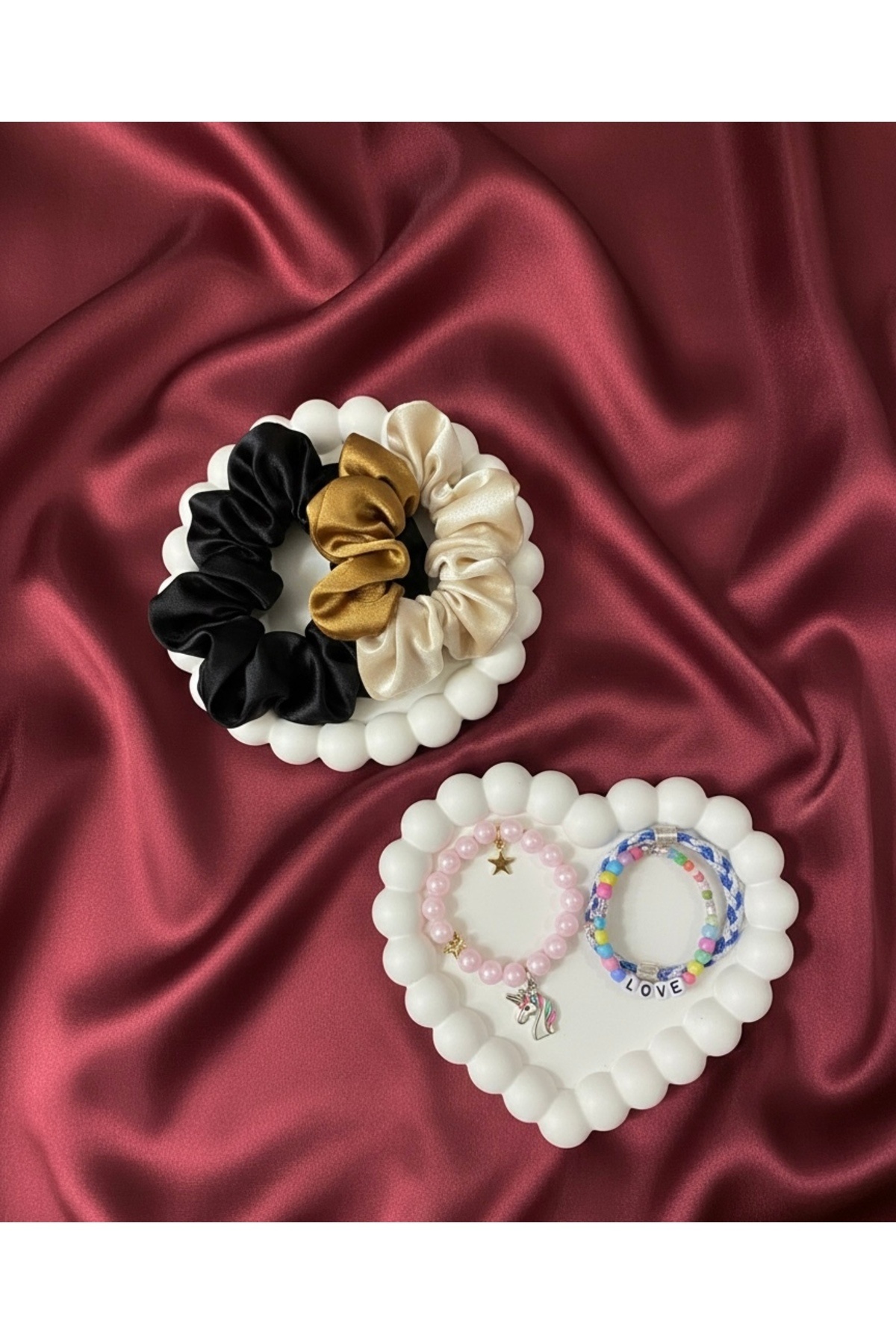 Set of 2 Decorative Bubble Heart and Round Jewelry Plate Set-Object-Accessory Tray