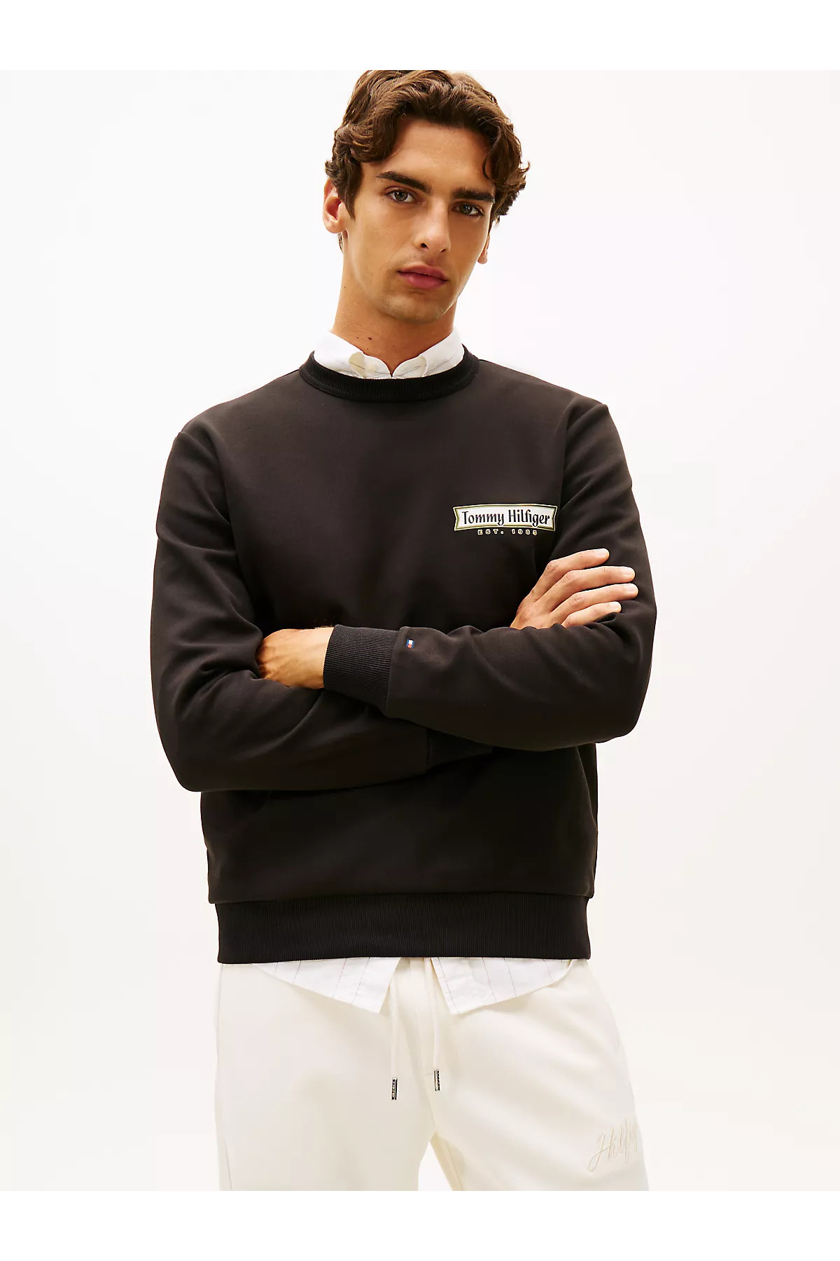 تامی هیلفیگر سویشرت آستین بلند مشکی طرح لوگودار مردانه، یقه گرد معمولی، MW0MW41433-BDS
