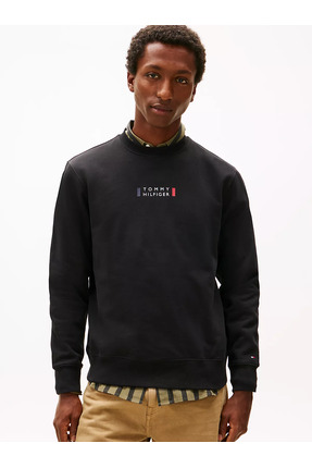 Tommy Hilfiger Erkek Normal Kalıp Logo Desenli Yuvarlak Yakalı Uzun Kollu Siy...