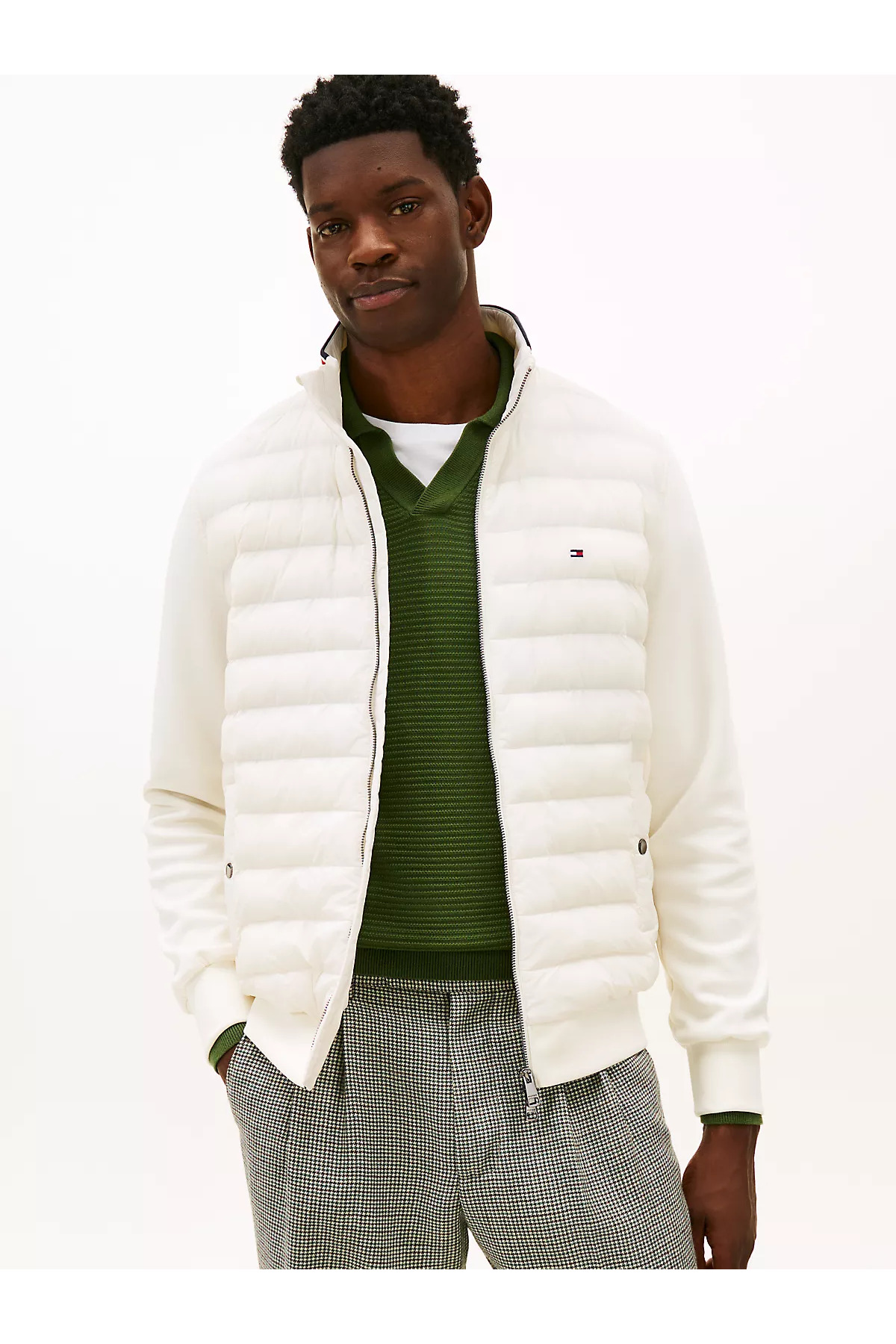 تامی هیلفیگر کاپشن مردانه یقه ایستاده معمولی، زیپ‌دار، طرح‌دار، سفید، آستین‌های متضاد، MW0MW41329-Z00