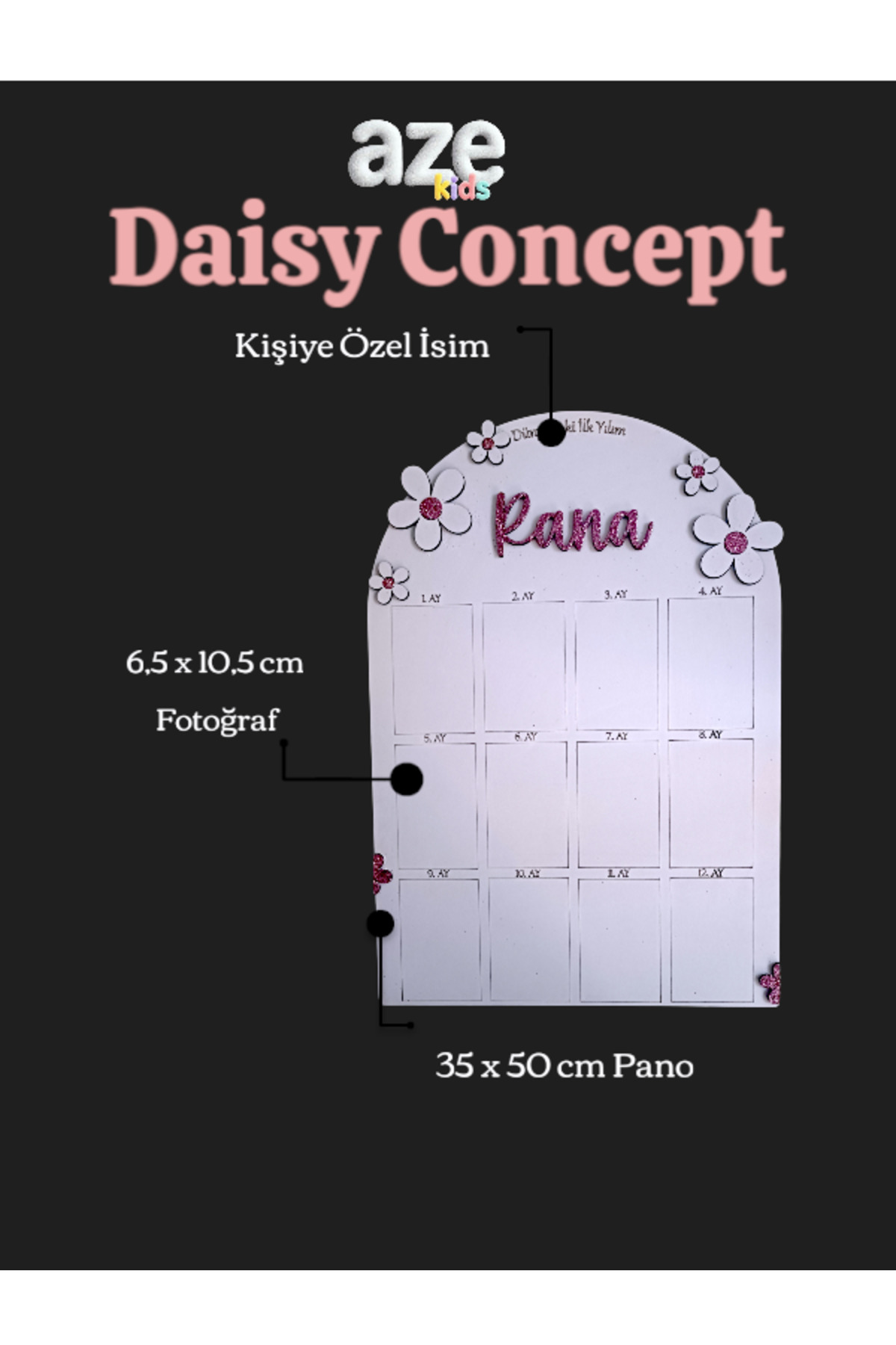 aze kids İsme Özel Pembe Sİmli PAPATYA Temalı Ahşap İlk Yıl Anı Panosu Bebek Hatırası Doğum Günü Süsü fotoğrafı 5 (önizleme)