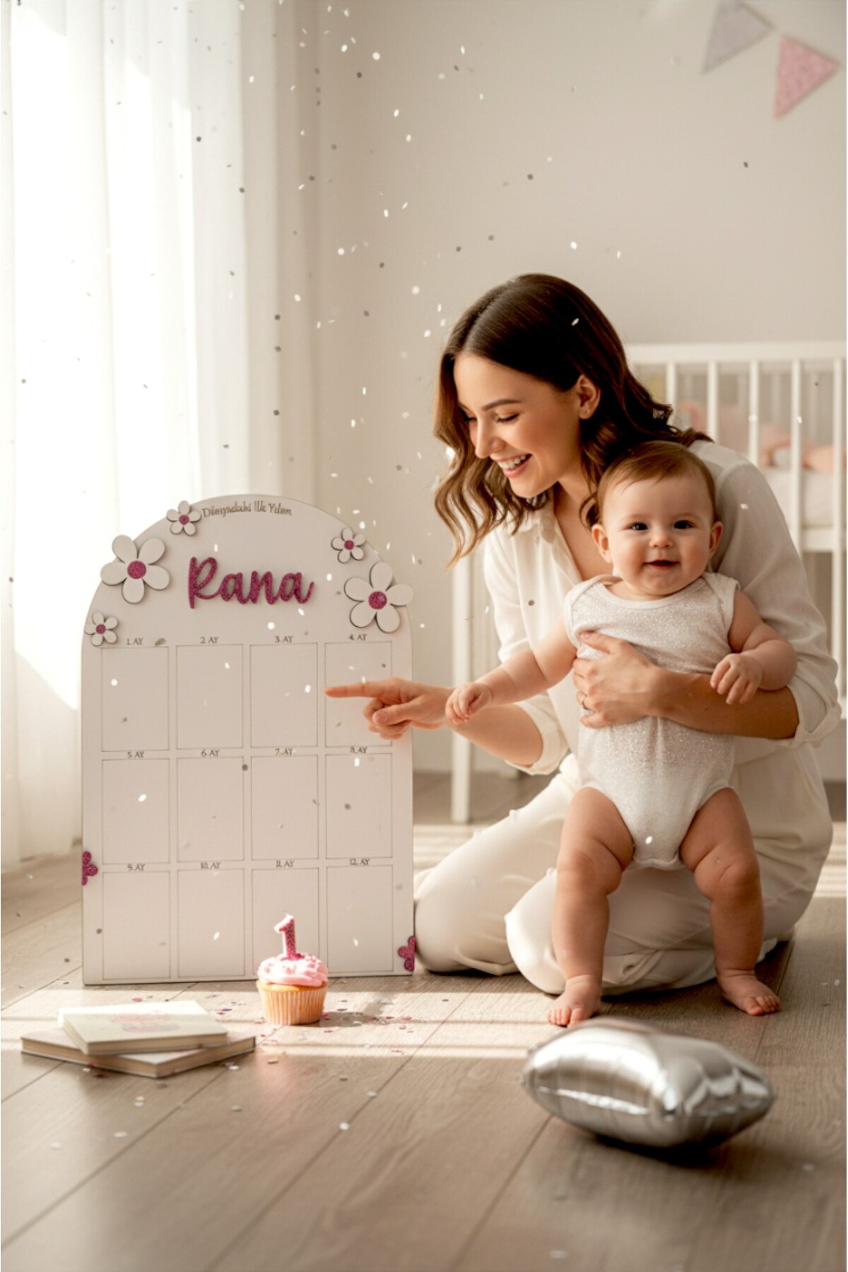 aze kids İsme Özel Pembe Sİmli PAPATYA Temalı Ahşap İlk Yıl Anı Panosu Bebek Hatırası Doğum Günü Süsü fotoğrafı 3 (önizleme)