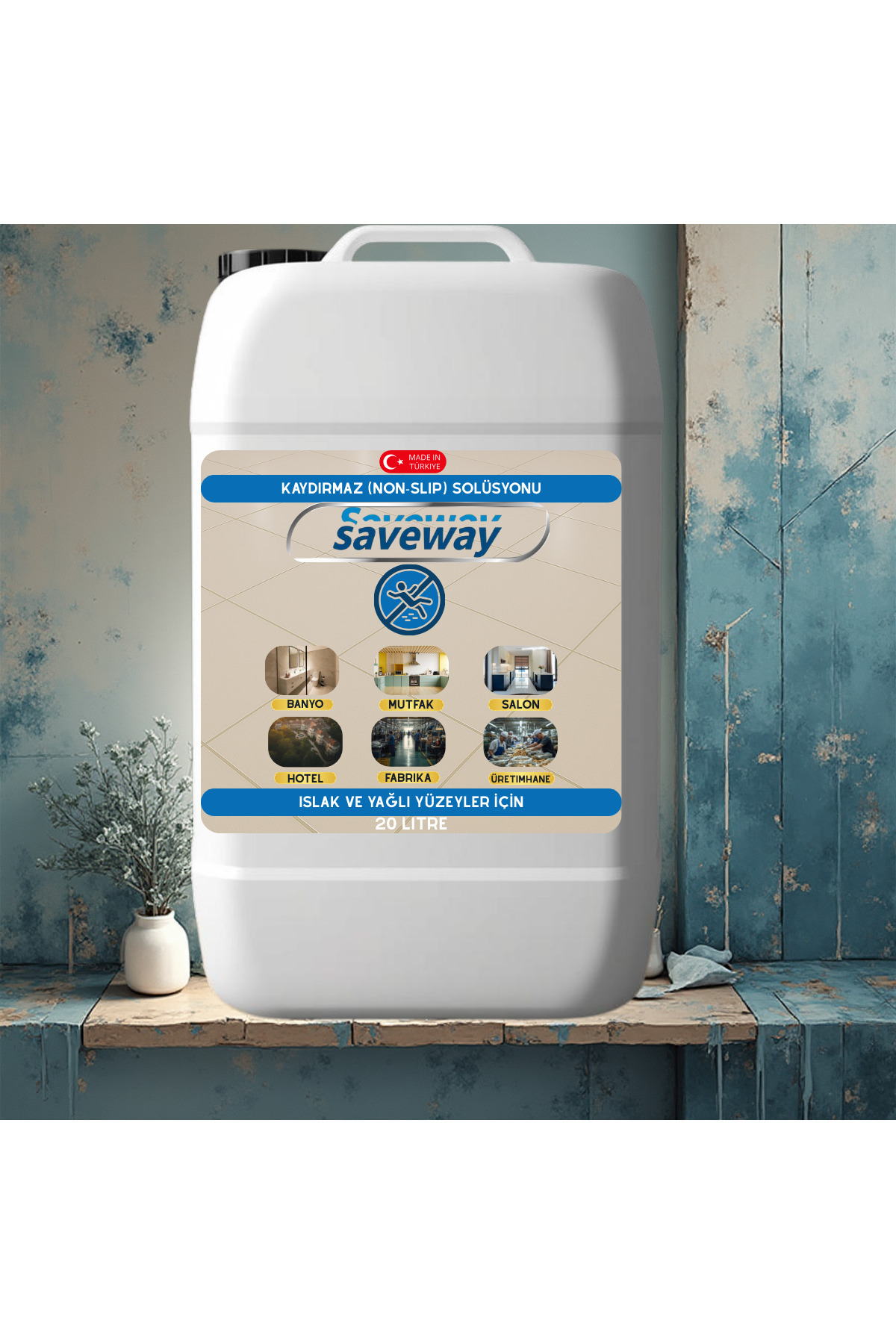 Saveway Kaydırmaz Zemin Solüsyonu 20 Litre(200 m2 Alan içindir) Bu metraj için uygulama desteği sağlanır.