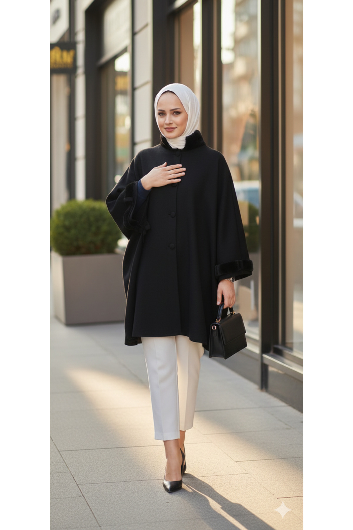 MODA Kollar ve yaka kürklü premium kalite oversize kalıp kaşe düğmeli pelerin panço