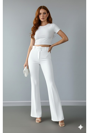 LEXİNWEAR Kadın İspanyol Paça Kemerli Hafif Likralı İthal DoubleFace Kumaş