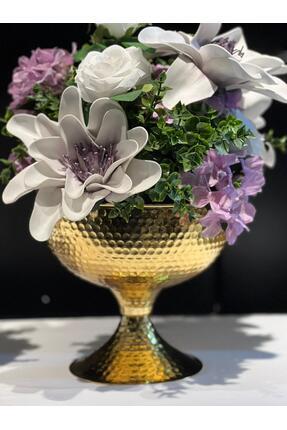 VAZO DEKOR Dövme Metal Dekoratif Vazo ve Sunumluk Seti - Altın & Gümüş Renk Lüks