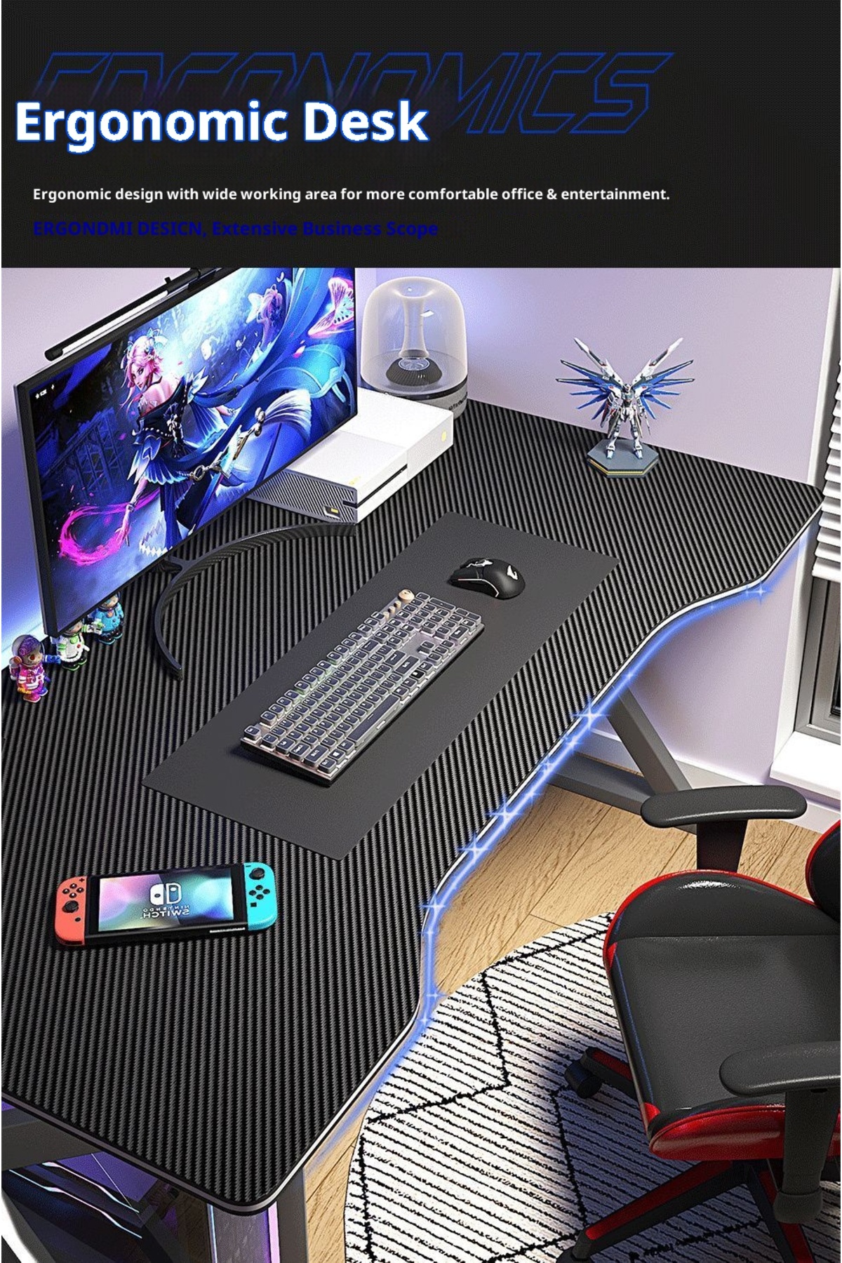 satrendy Gaming Computer Desk 120cm Carbon Fiber Surface Cable ...