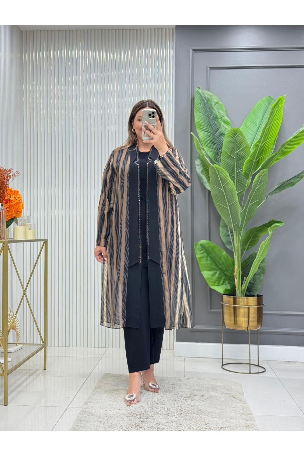 Modam Bella BÜYÜK BEDEN ÜÇLÜ ÇİZGİ DESENLİ TAKIM