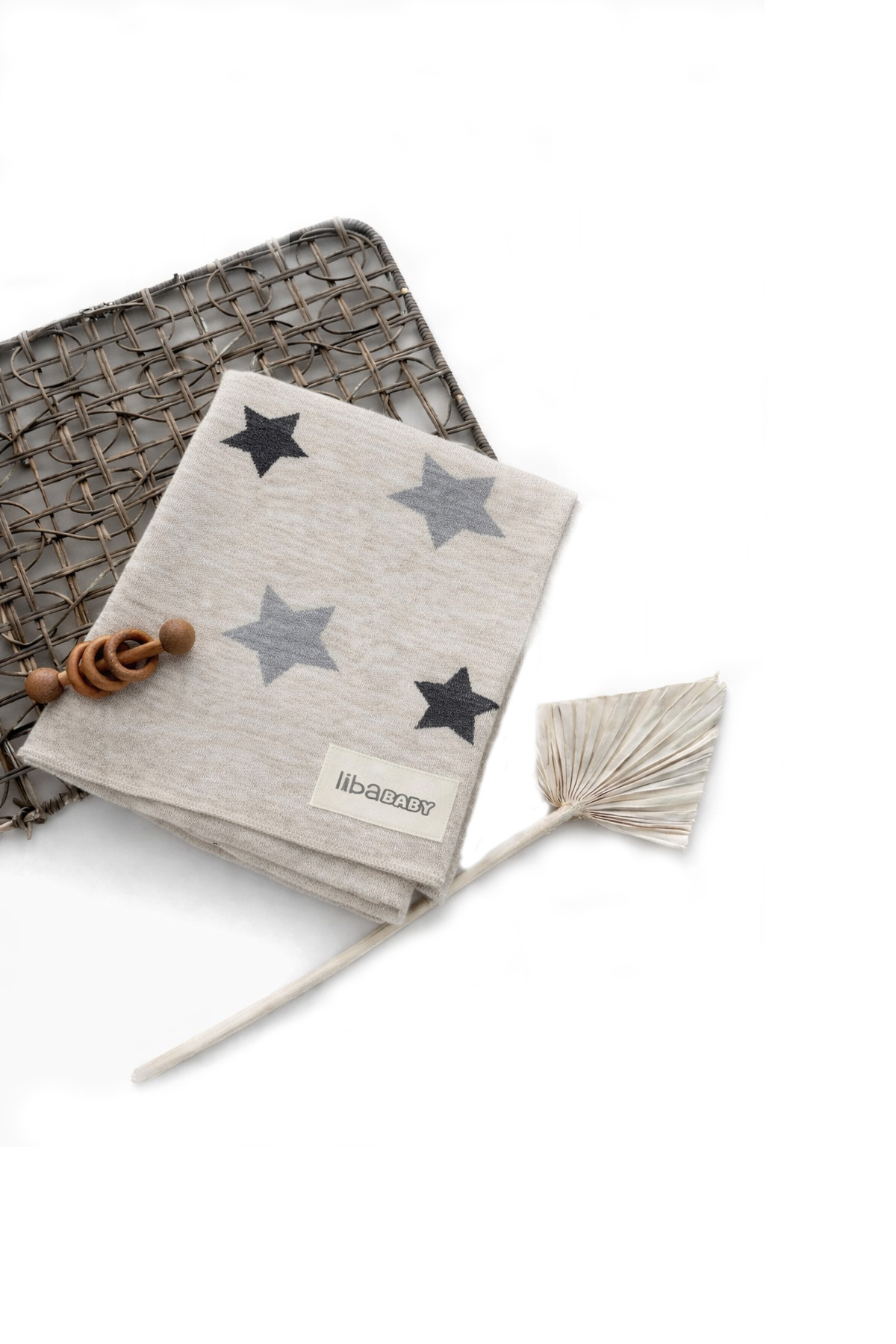 libaBABY Yıldız Desenli Triko Örgü Bebek Battaniyesi 80cmx90cm Bej